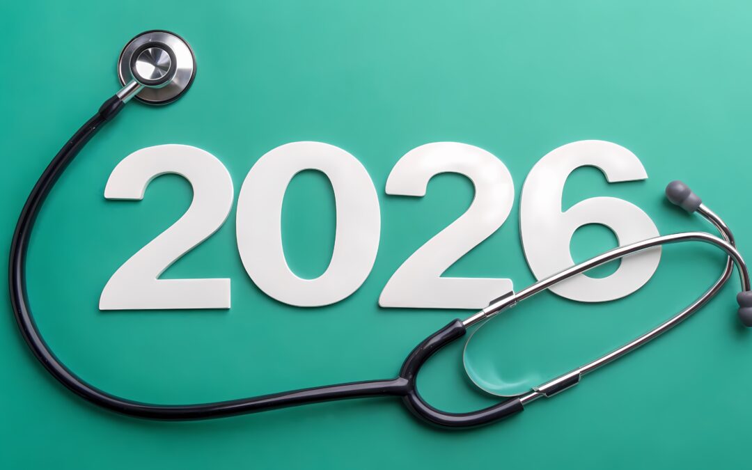 Stethoscope encircling number 2026 on green background symbolizing future healthcare trends, diagnostics, and medical advancement